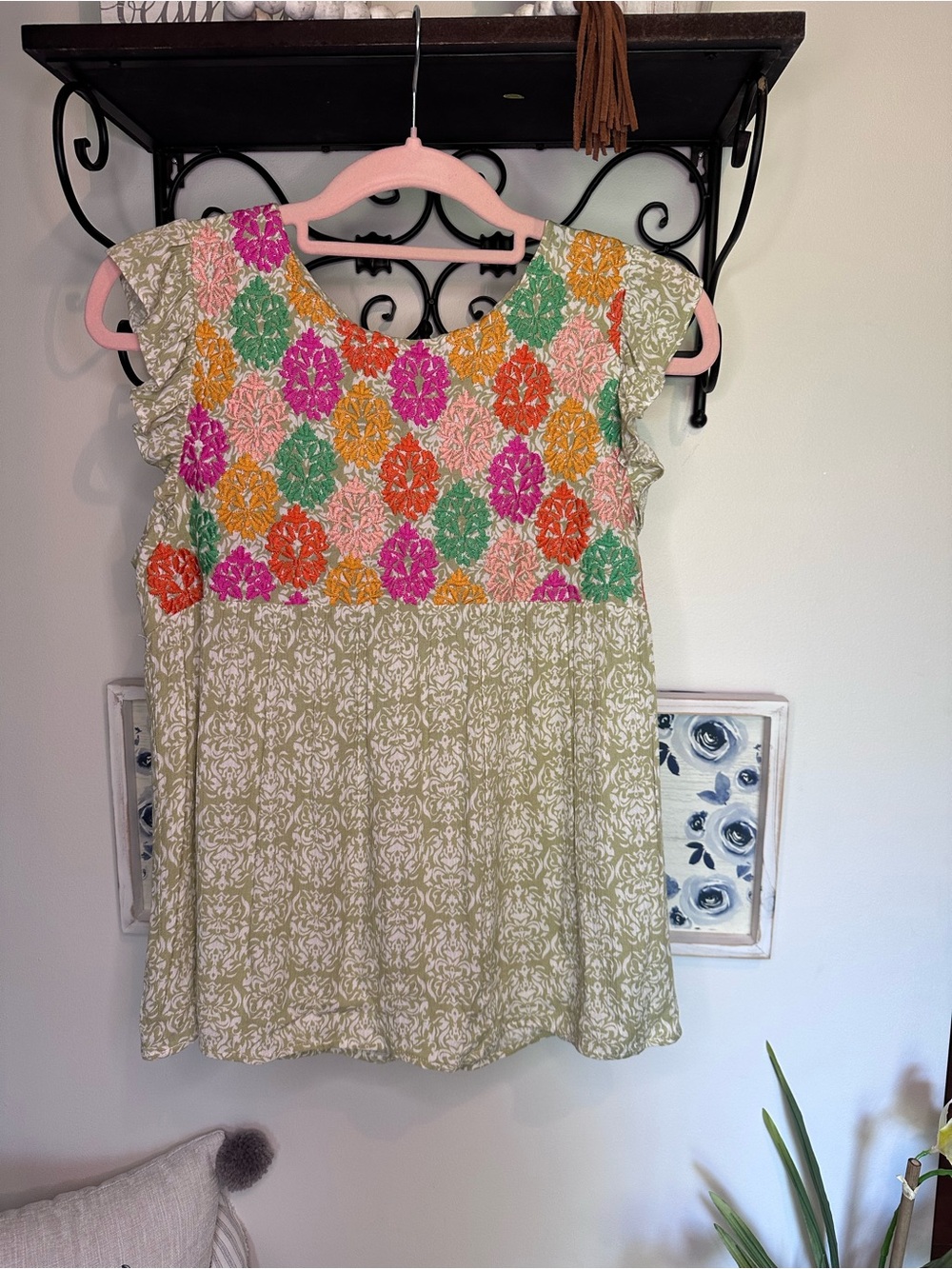 THML Sage Green Embroidered Flutter-Sleeve Mosaic Yoke Boho tassels NWT